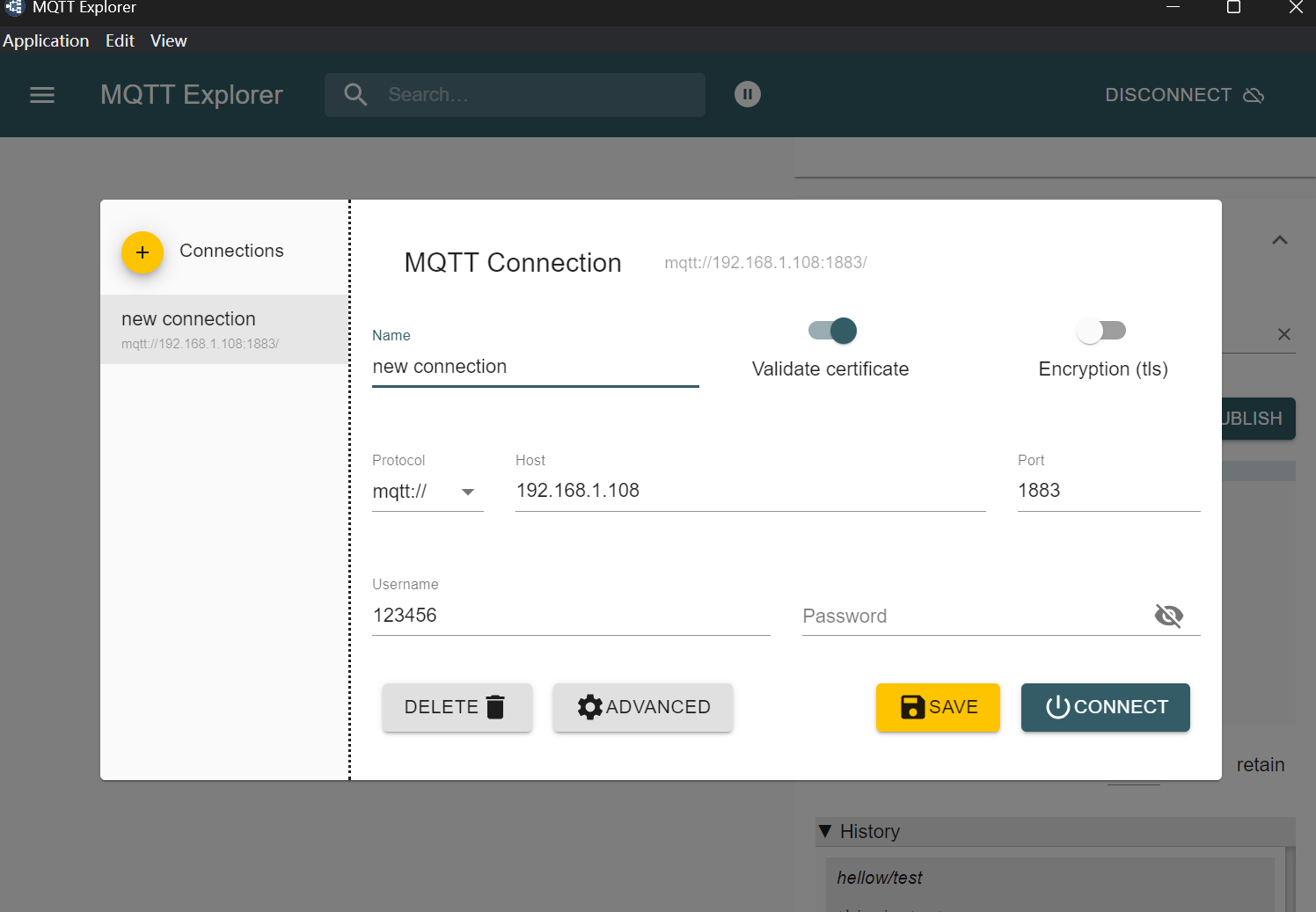 MQTT-Explorer Login Screen MQTT-Explorer Login