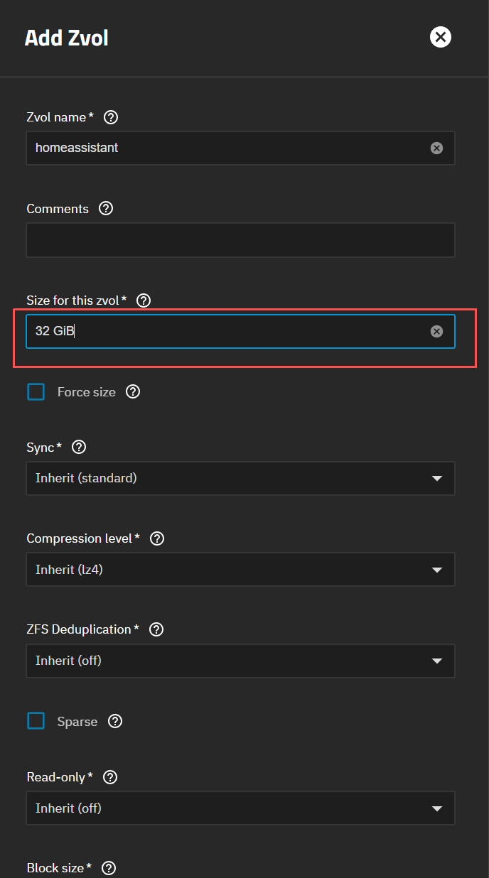 Create zvol Create zvol